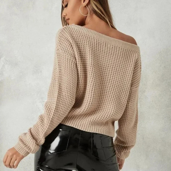 NWT Missguided | Off The Shoulder Waffle Knit Jumper Sweater in Stone - Size 6/8 - Picture 2 of 9